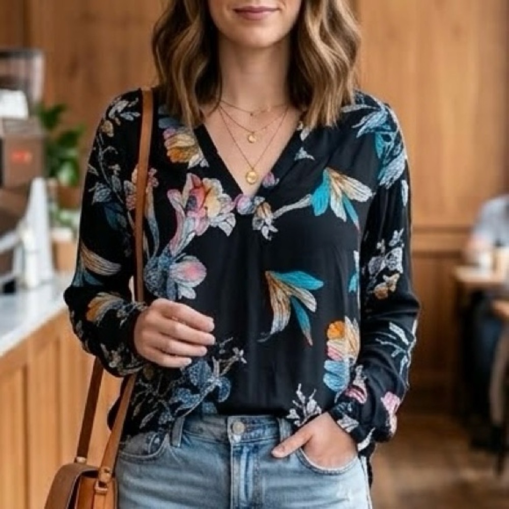 Jacqueline de Yong Moody Dark Floral Whimsical Lightweight Breezy Top Blouse